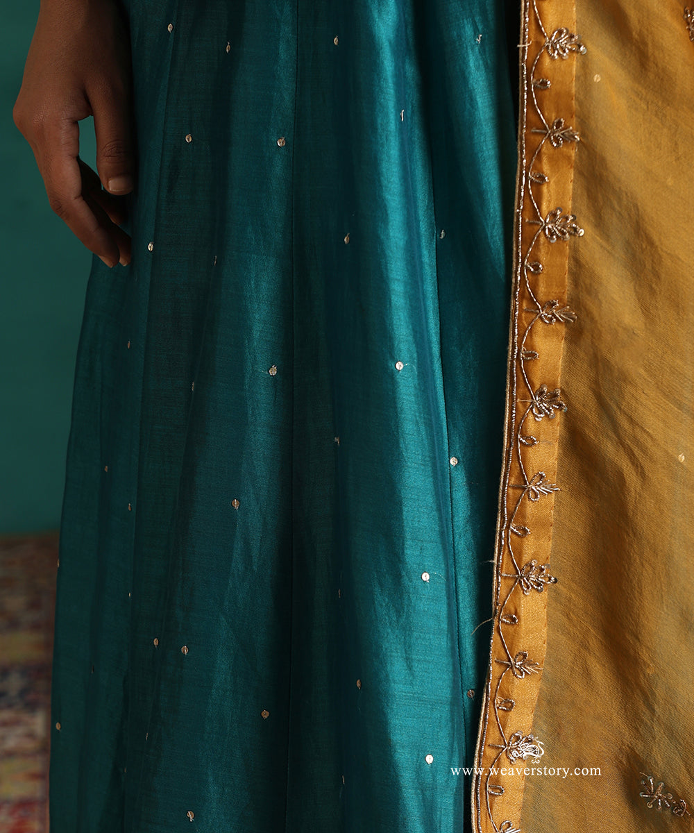 Handloom Teal Chanderi Hand Embroidered Lehenga Set with Mustard Organza Dupatta