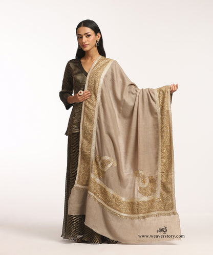 Natural Toosh Color Handwoven Pure Pashmina Shawl Resham Sozni Kari Border And Palla With Tilla Highlights