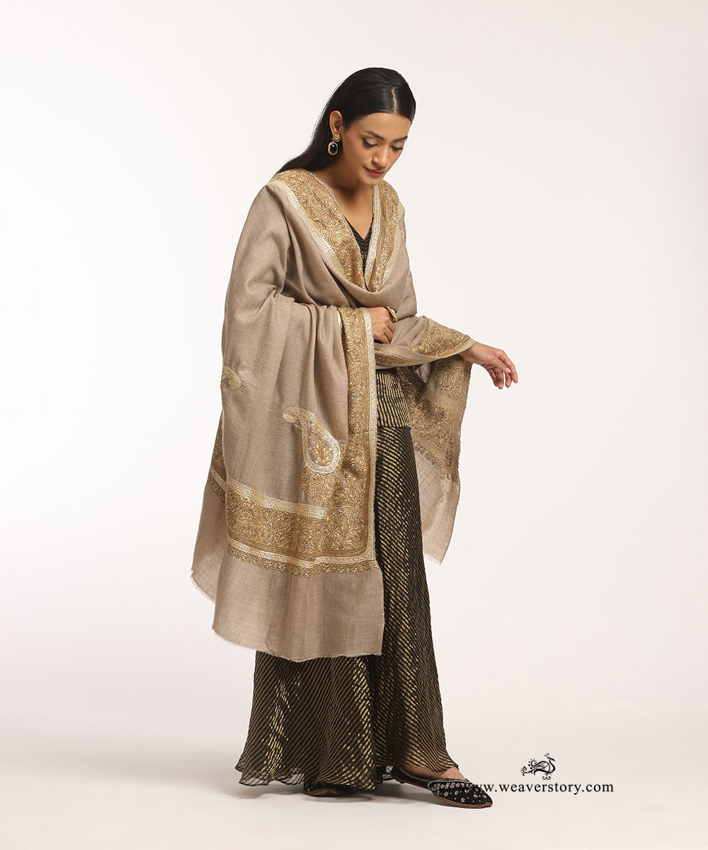 Natural Toosh Color Handwoven Pure Pashmina Shawl Resham Sozni Kari Border And Palla With Tilla Highlights
