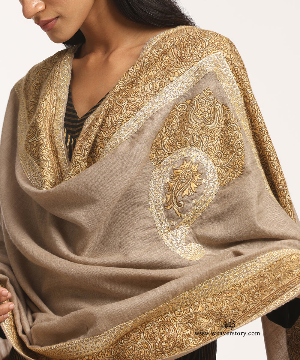 Natural Toosh Color Handwoven Pure Pashmina Shawl Resham Sozni Kari Border And Palla With Tilla Highlights