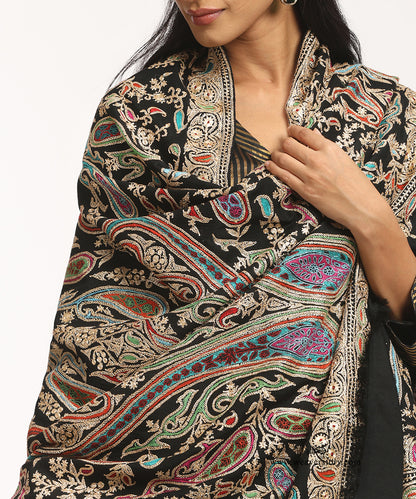 Black Handwoven Tilla Pure Pashmina Shawl With Paper Mache Work