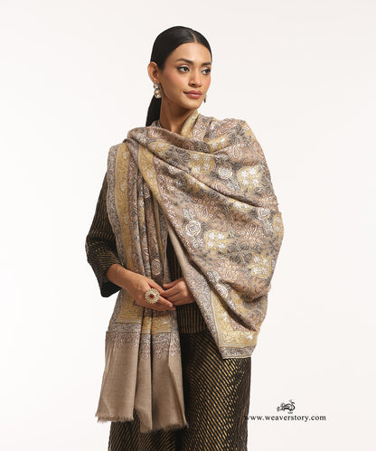 Toosh Color Handwoven Pure Pashmina Shawl Rose And Chinaar Leaf Sozni Kari And Tilla Work