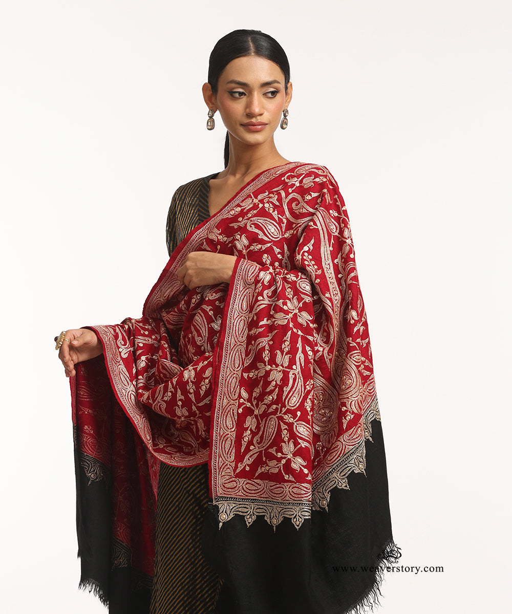 Red And Black Handwoven Tilla Jamawar Pure Pashmina Shawl