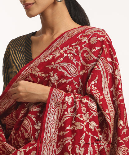 Red And Black Handwoven Tilla Jamawar Pure Pashmina Shawl