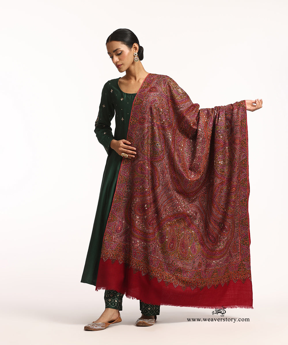 Handwoven Red Jamawar Pure Pashmina Shawl With Soznikari