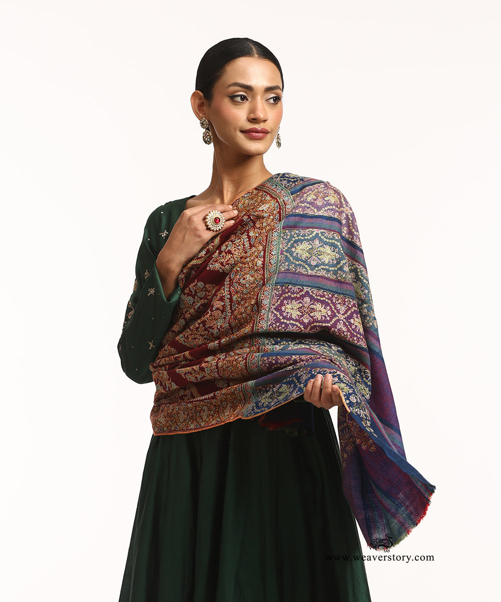 Handwoven Maroon And Blue Striped Pure Pashmina Shawl With Soznikari