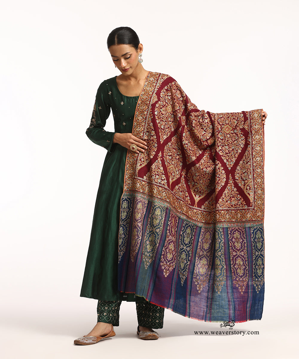 Handwoven Maroon And Blue Striped Pure Pashmina Shawl With Soznikari