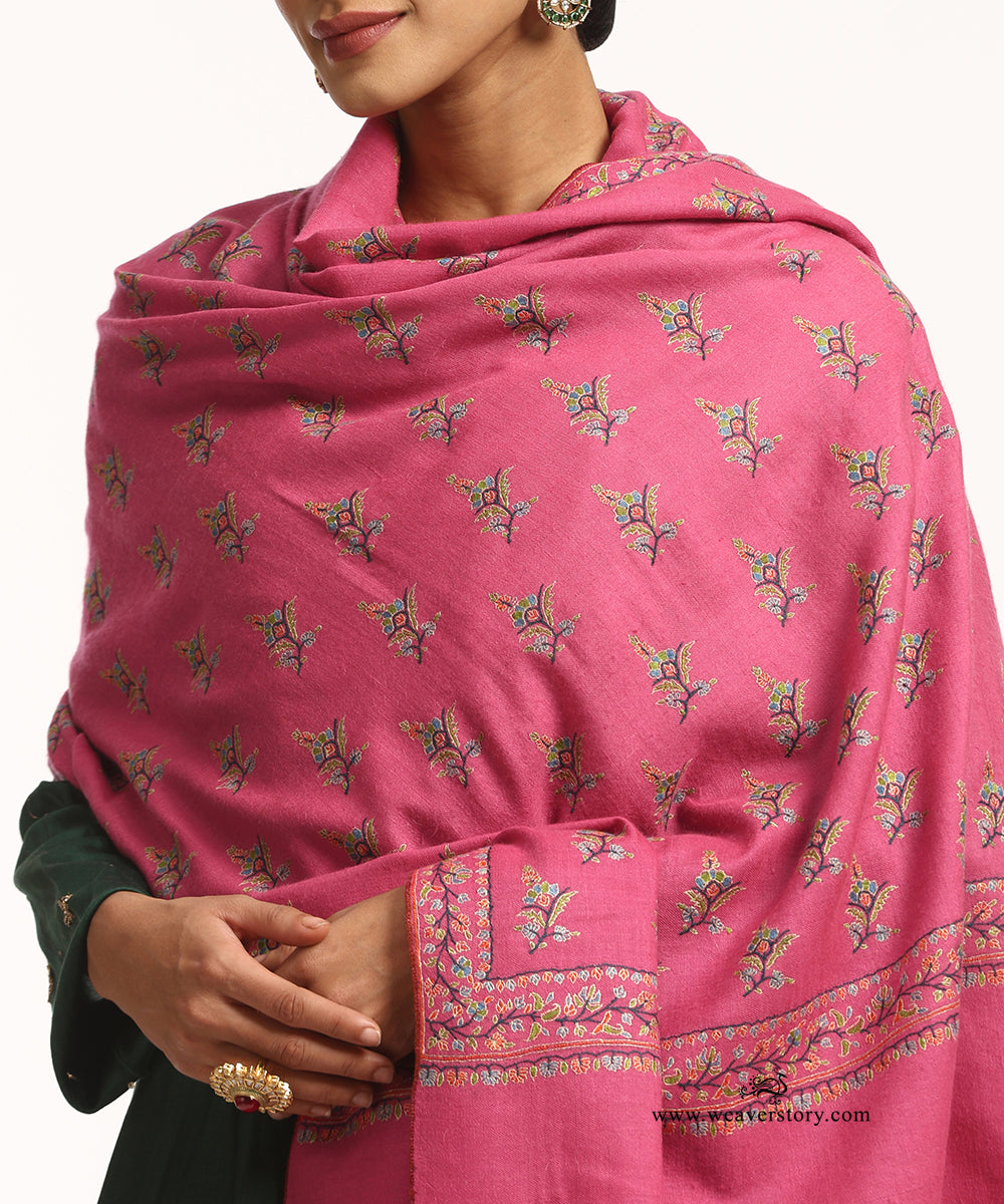 Pink Handwoven Pure Pashmina Shawl With Sozni Kari Booti