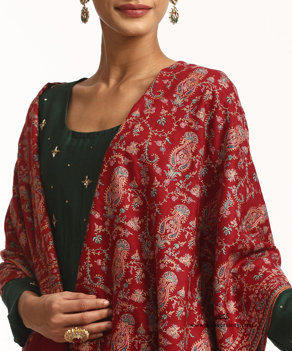 Red Handwoven Pure Pashmina Jamawar Shawl