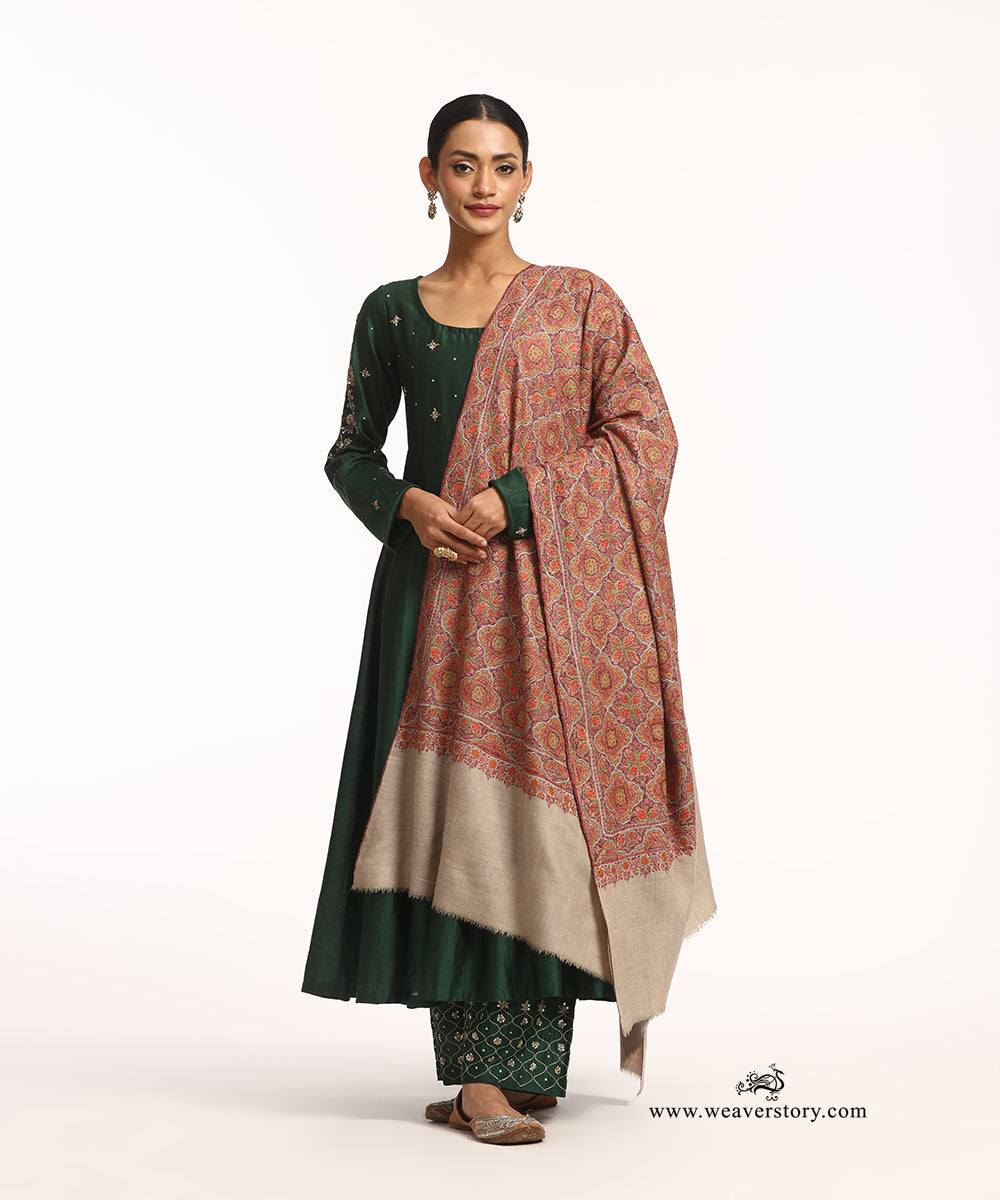 Handwoven Beige Jamawar Pure Pashmina Shawl