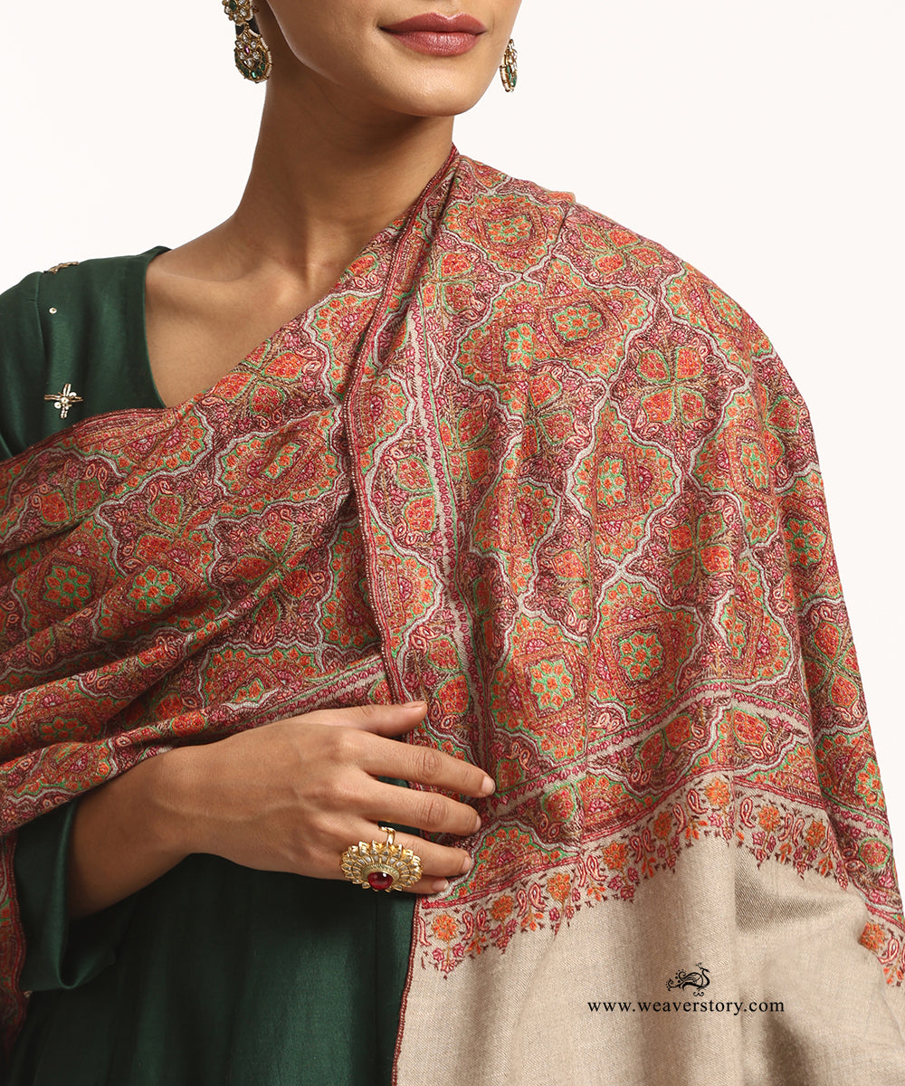 Handwoven Beige Jamawar Pure Pashmina Shawl