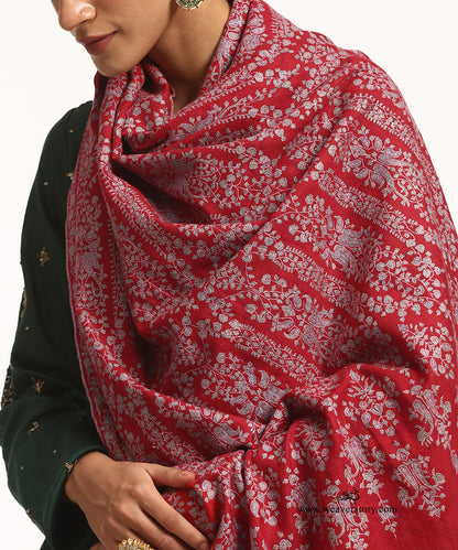 Red Handwoven Pure Pashmina Shawl With Blue Soznikari