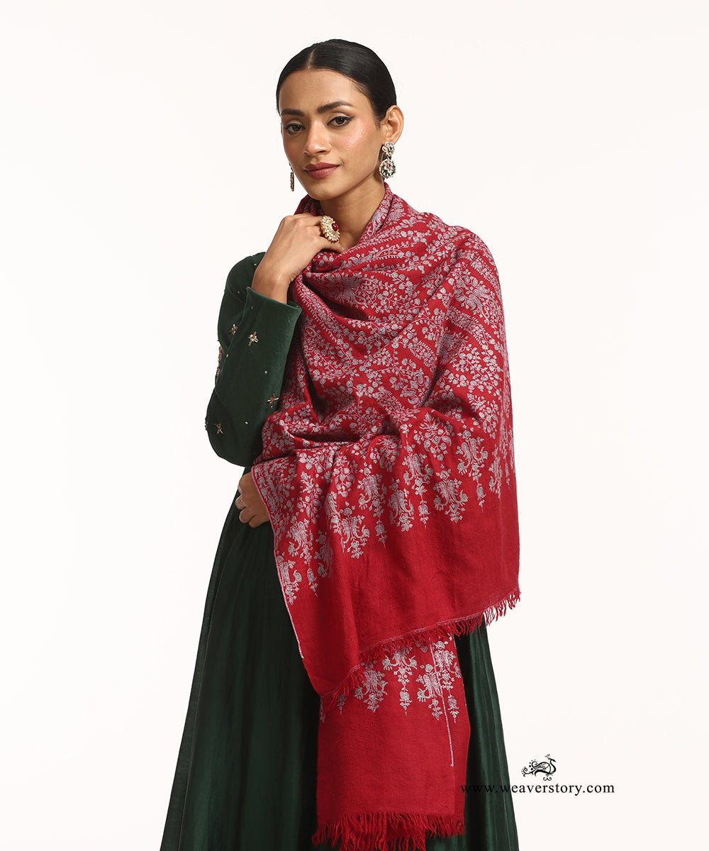 Red Handwoven Pure Pashmina Shawl With Blue Soznikari