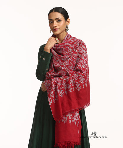 Red Handwoven Pure Pashmina Shawl With Blue Soznikari