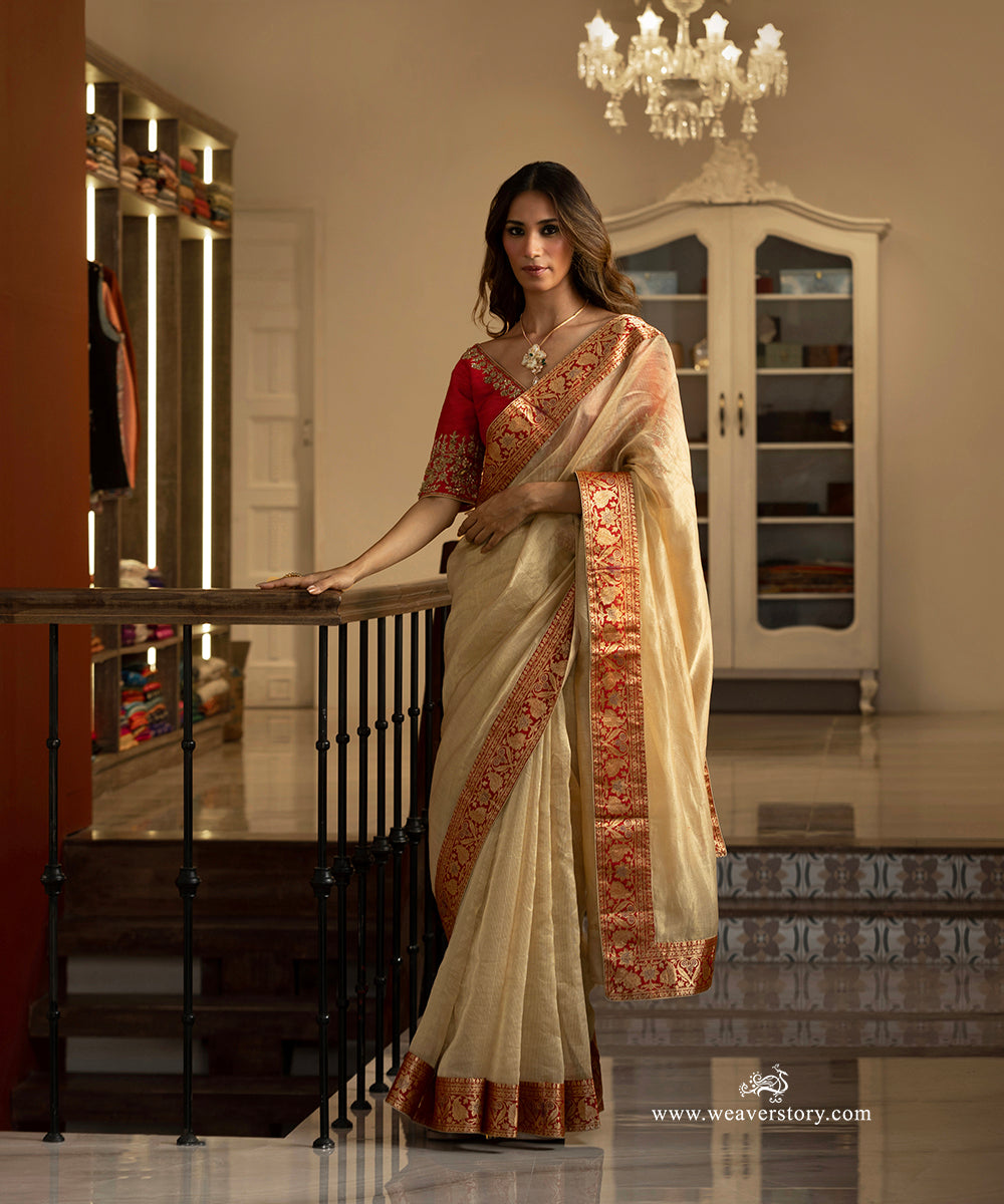 Beige and Gold Striped Handwoven Cotton Tissue Saree with Pure Katan Silk Border and Paisleys