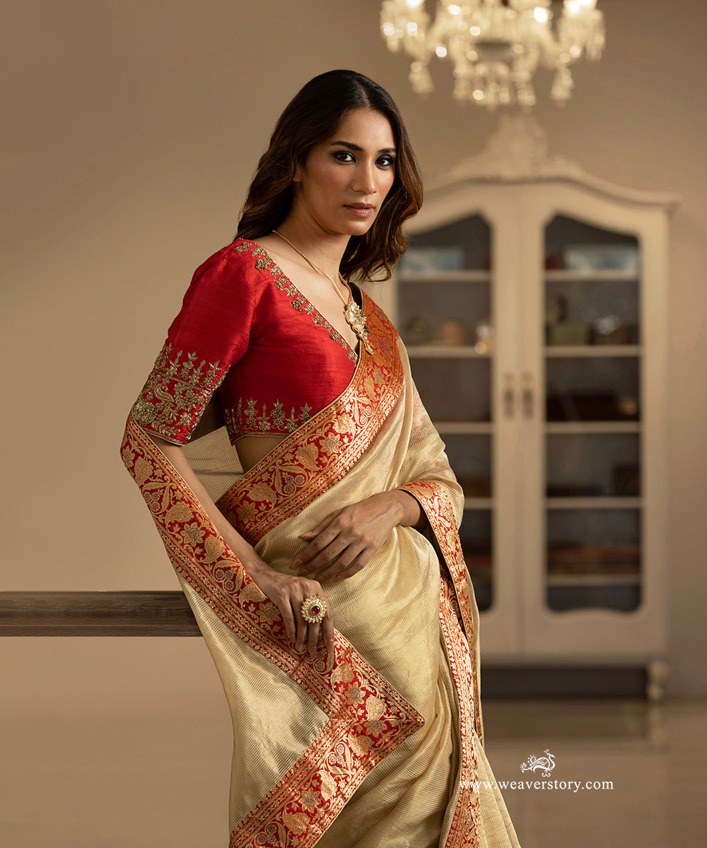 Beige and Gold Striped Handwoven Cotton Tissue Saree with Pure Katan Silk Border and Paisleys