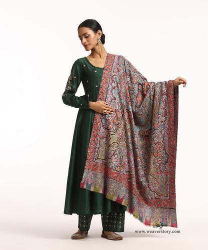 Beige Handwoven Pure Pashmina Shawl With Multicolor Kalamkari Paper Mache Hand Work