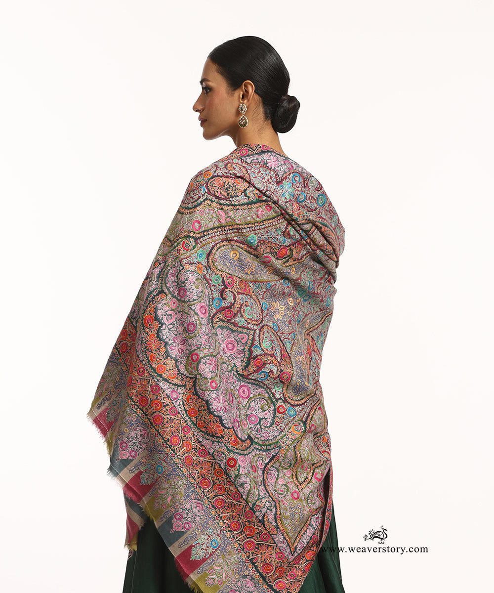 Beige Handwoven Pure Pashmina Shawl With Multicolor Kalamkari Paper Mache Hand Work