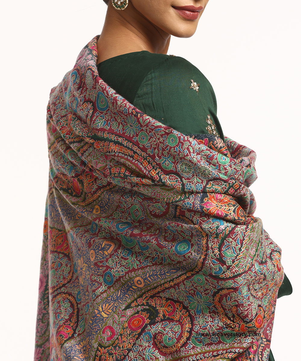 Beige Handwoven Pure Pashmina Shawl With Multicolor Kalamkari Paper Mache Hand Work