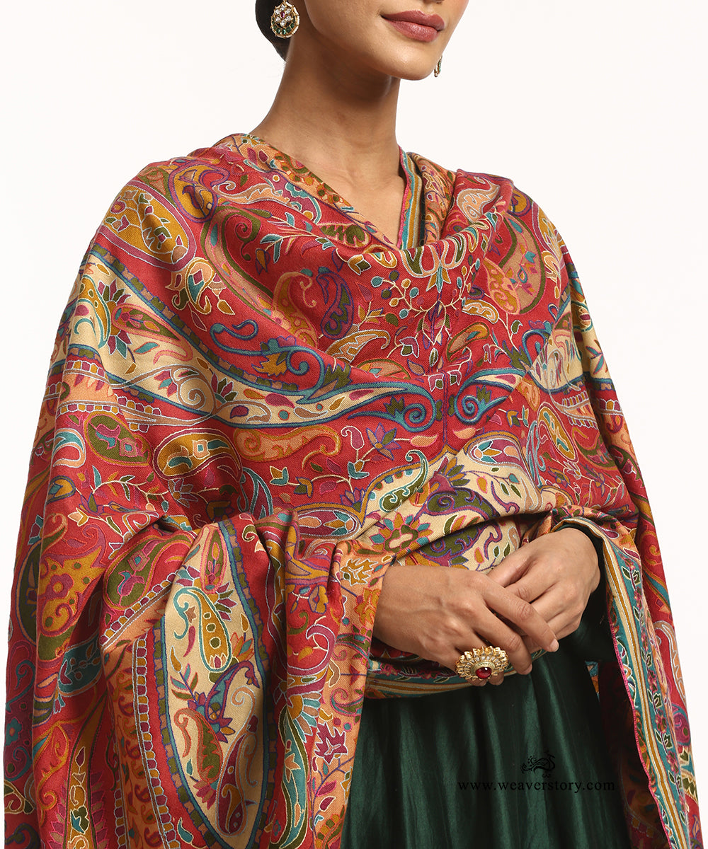 Multicolour Kalamkari Jamawar Pure Pashmina Shawl With Paper Mache