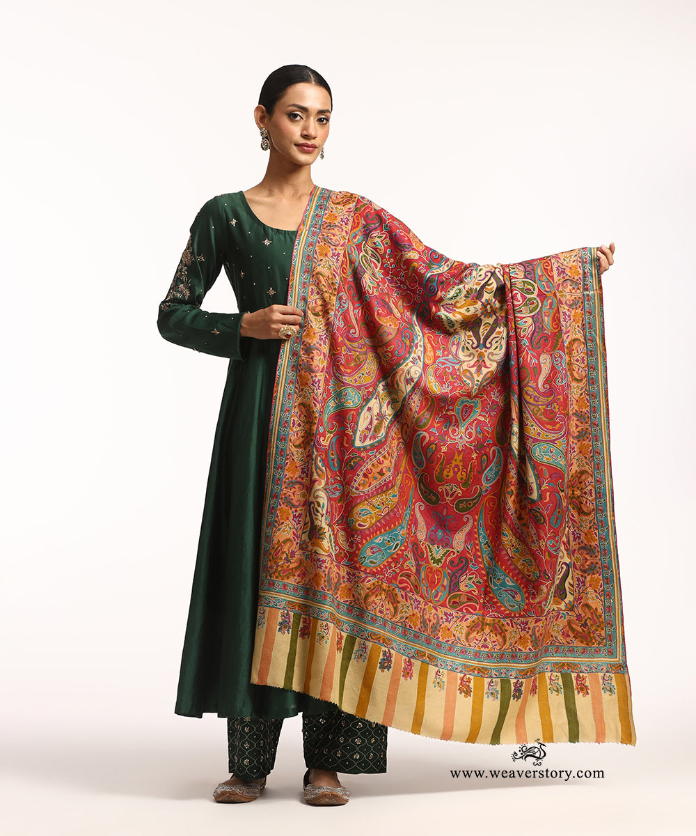 Multicolour Kalamkari Jamawar Pure Pashmina Shawl With Paper Mache