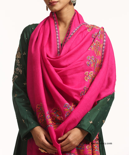 Fuschia Handwoven Pure Pashmina Shawl with Floral Bunches on the Pallu