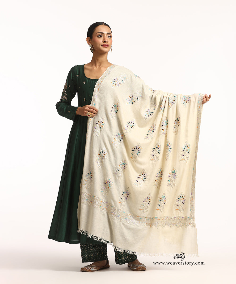 Off-White Pure Pashmina Shawl With Tilla Resham Needlework