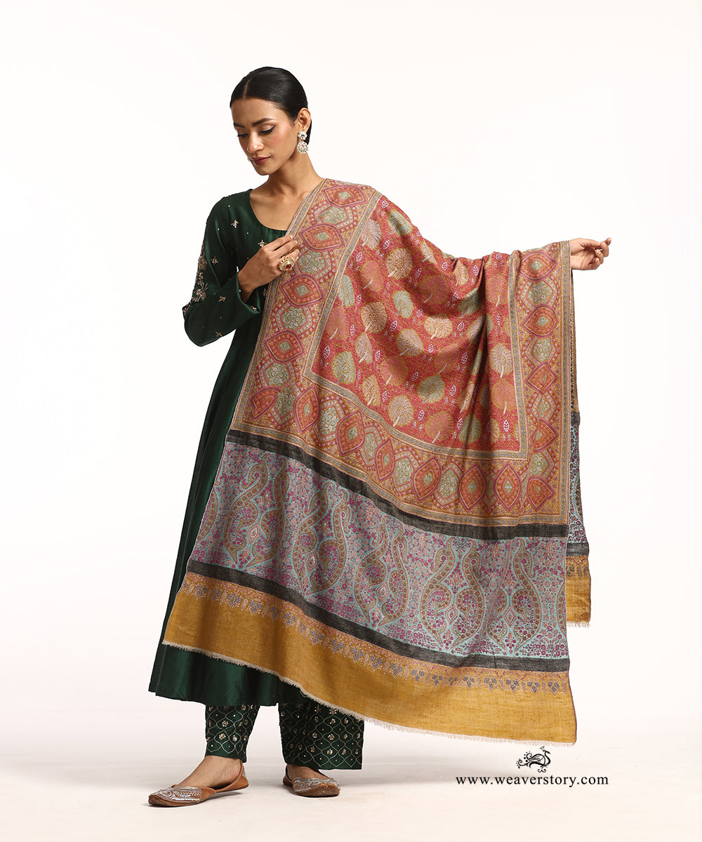 Handwoven Mustard Pure Pashmina Shawl With Soznikari