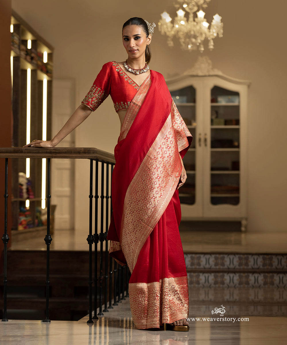 Red Handwoven Pure Organza Saree with Banarasi Zari Border of Star Motifs