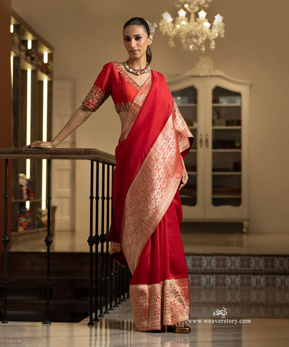 Red Handwoven Pure Organza Saree with Banarasi Zari Border of Star Motifs