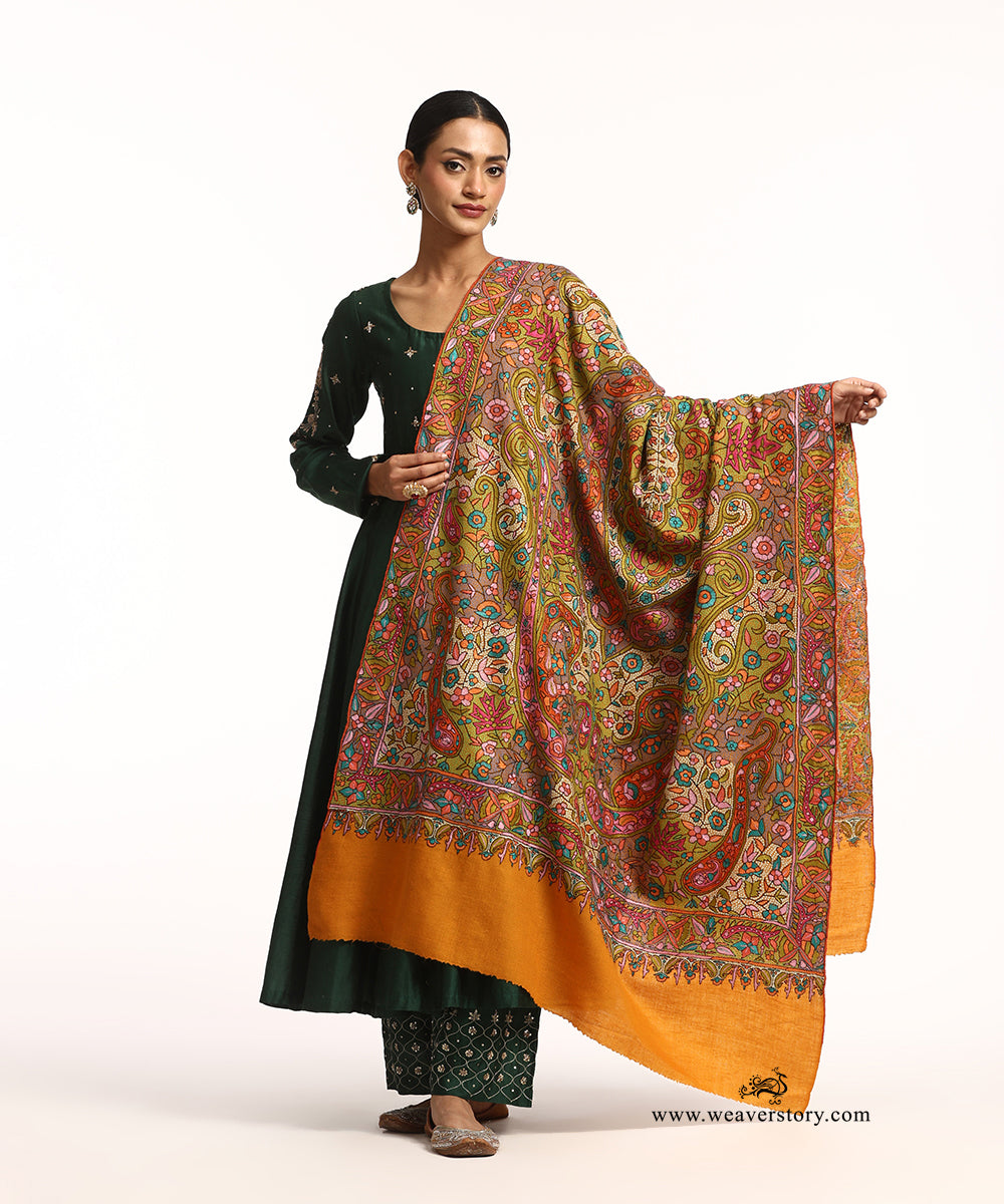 Yellow Pure Pashmina Shawl With Paper Mache Ring Work