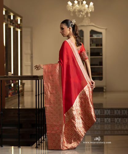 Red Handwoven Pure Organza Saree with Banarasi Zari Border of Star Motifs