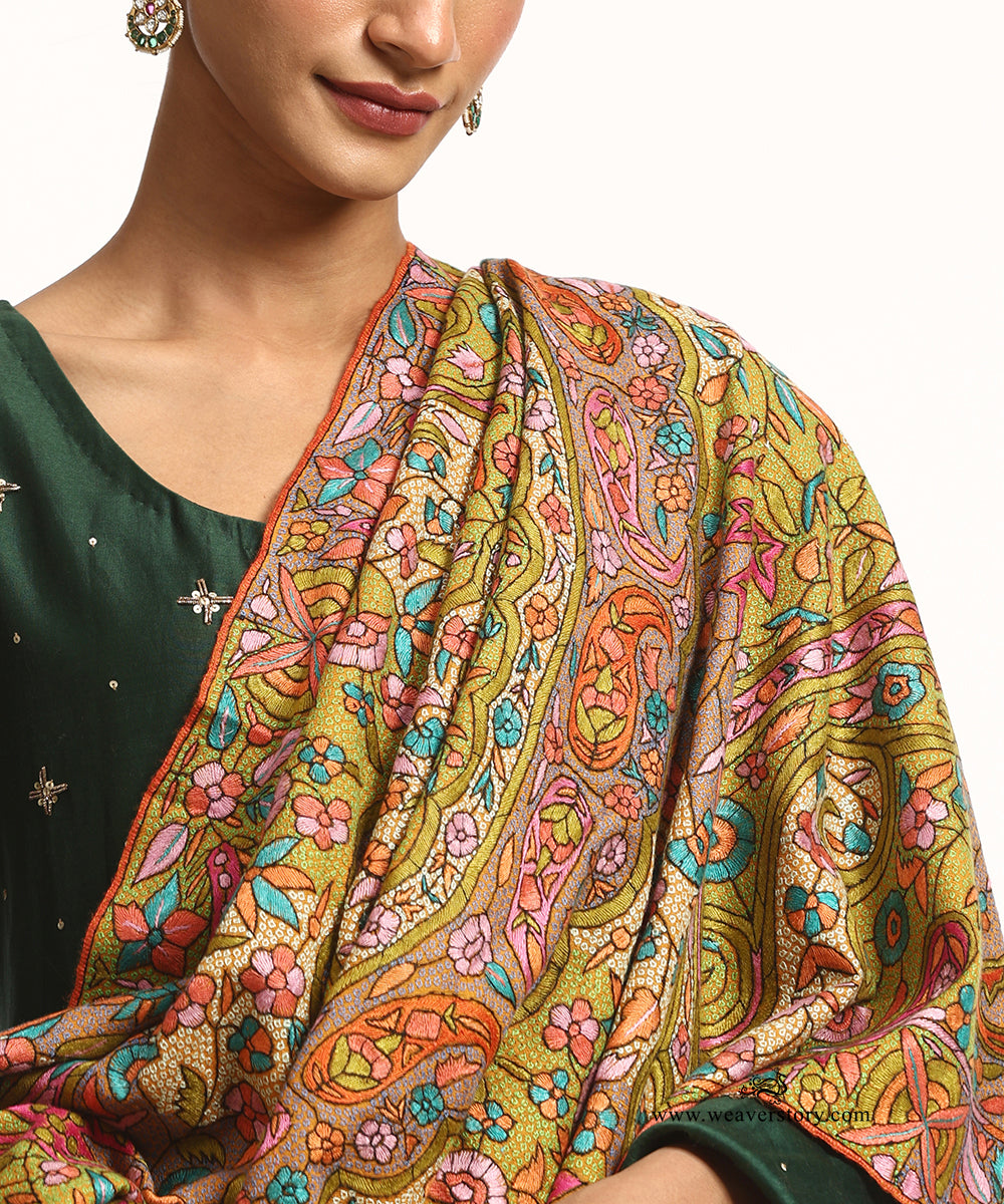 Yellow Pure Pashmina Shawl With Paper Mache Ring Work