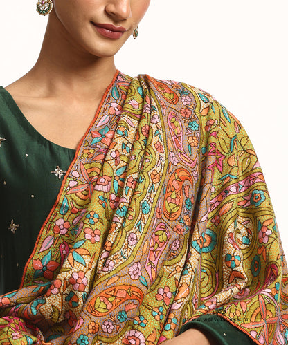 Yellow Pure Pashmina Shawl With Paper Mache Ring Work