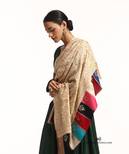 OffWhite Thread Work Handwoven Pure Pashmina Shawl with Multicolor Borders