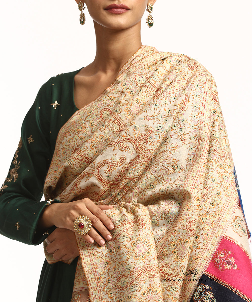 OffWhite Thread Work Handwoven Pure Pashmina Shawl with Multicolor Borders