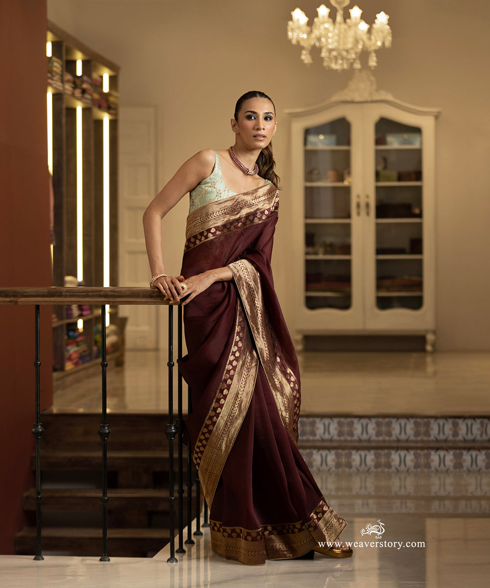 Coke Brown Handwoven Pure Organza Saree with Pure Katan Silk Zari Border
