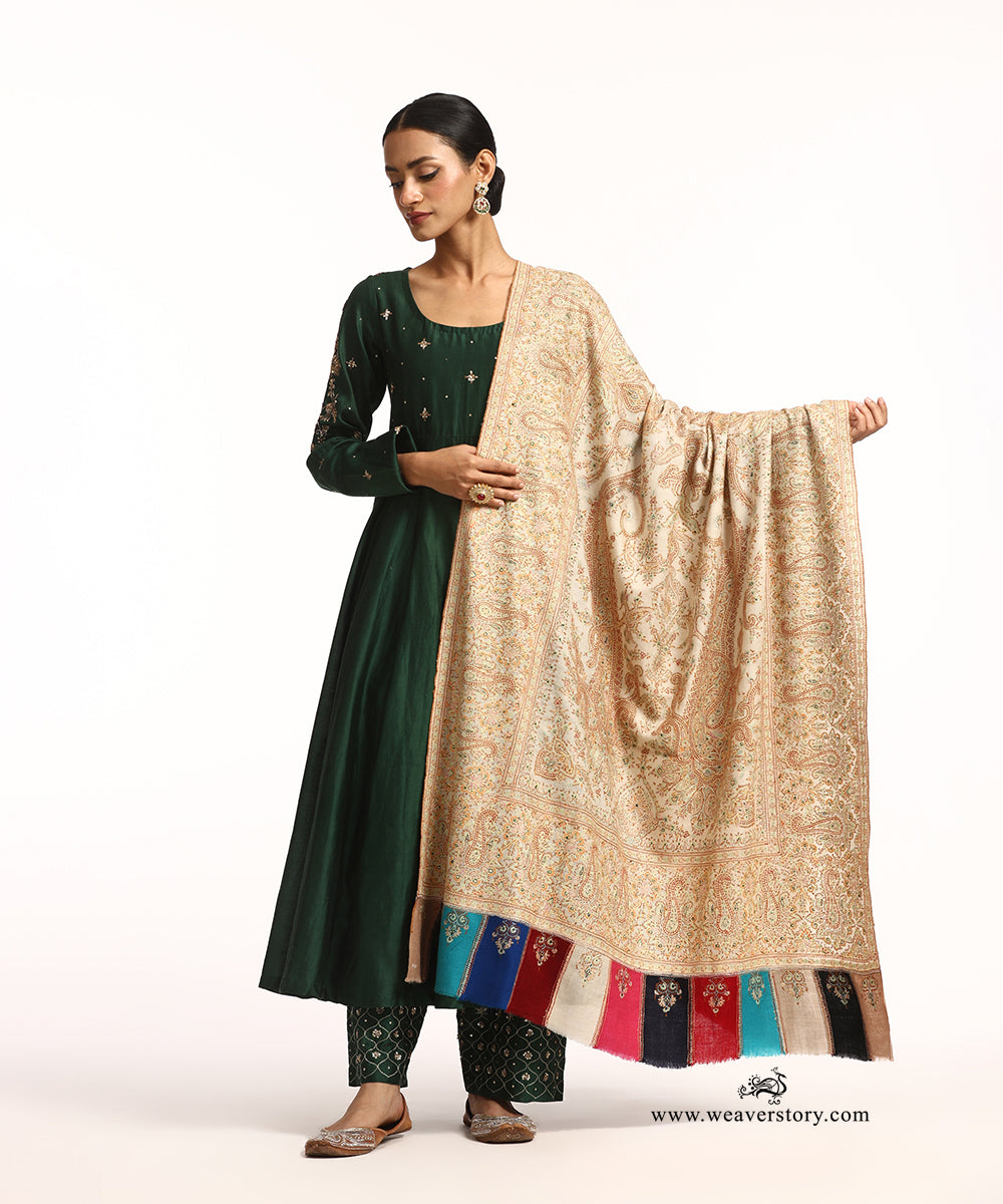 OffWhite Thread Work Handwoven Pure Pashmina Shawl with Multicolor Borders