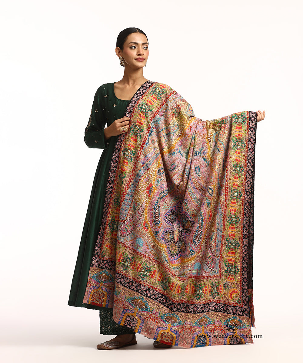 Beige And Black Handwoven Unisex Pure Pashmina Shawl With Kalamkari And Soznikari