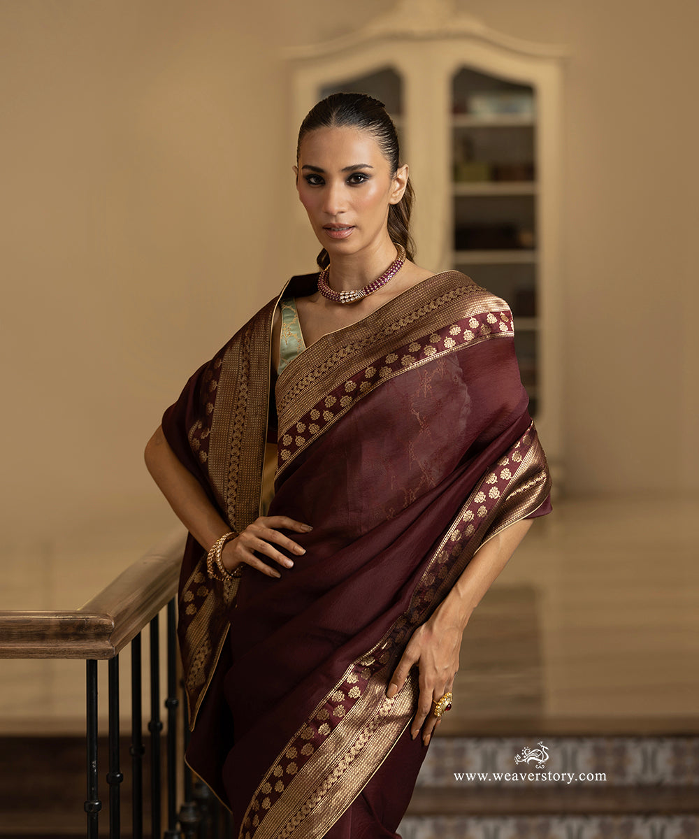 Coke Brown Handwoven Pure Organza Saree with Pure Katan Silk Zari Border