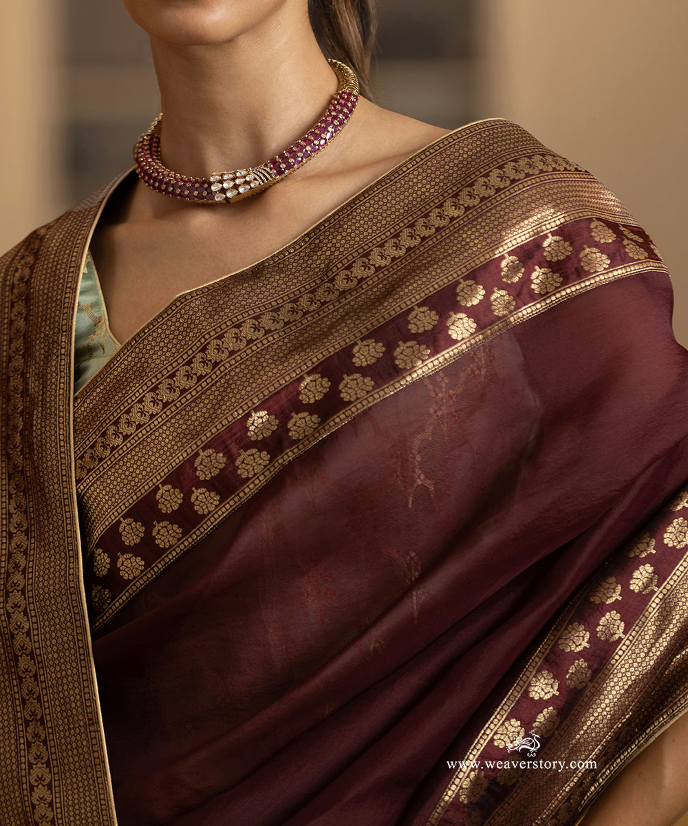Coke Brown Handwoven Pure Organza Saree with Pure Katan Silk Zari Border