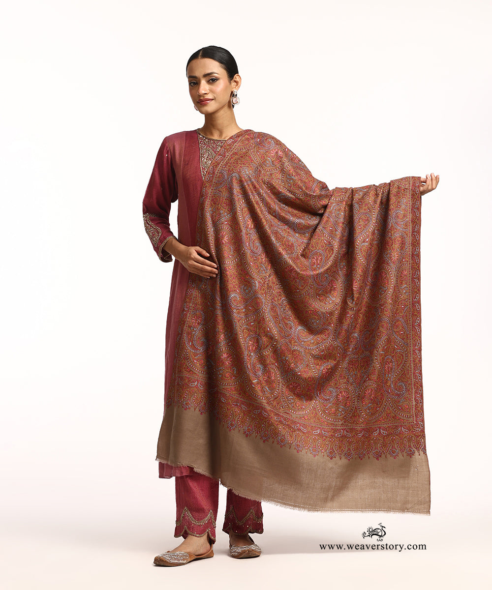 Handwoven Natural Brown Jamawar Pure Pashmina Shawl With Soznikari
