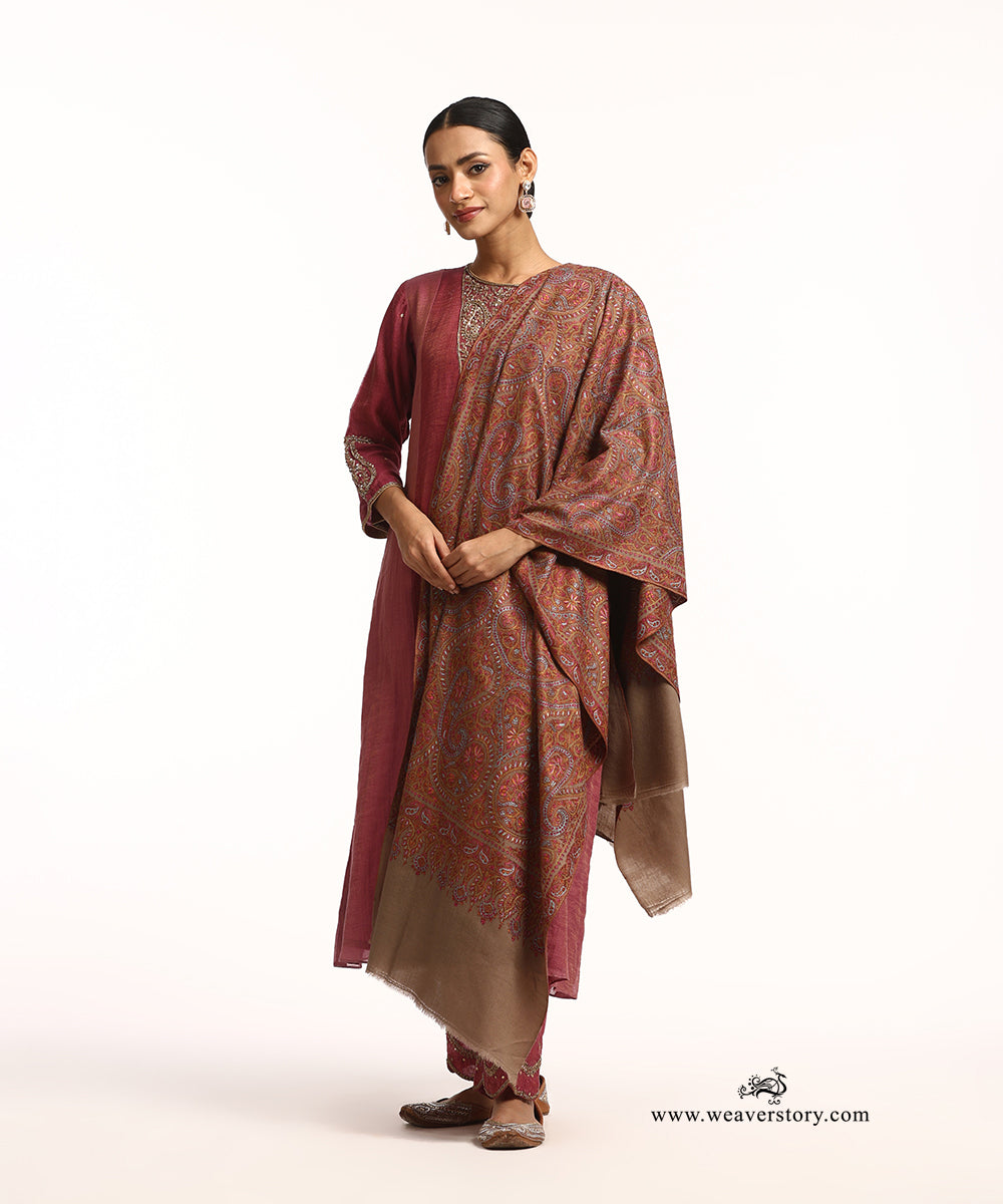 Handwoven Natural Brown Jamawar Pure Pashmina Shawl With Soznikari