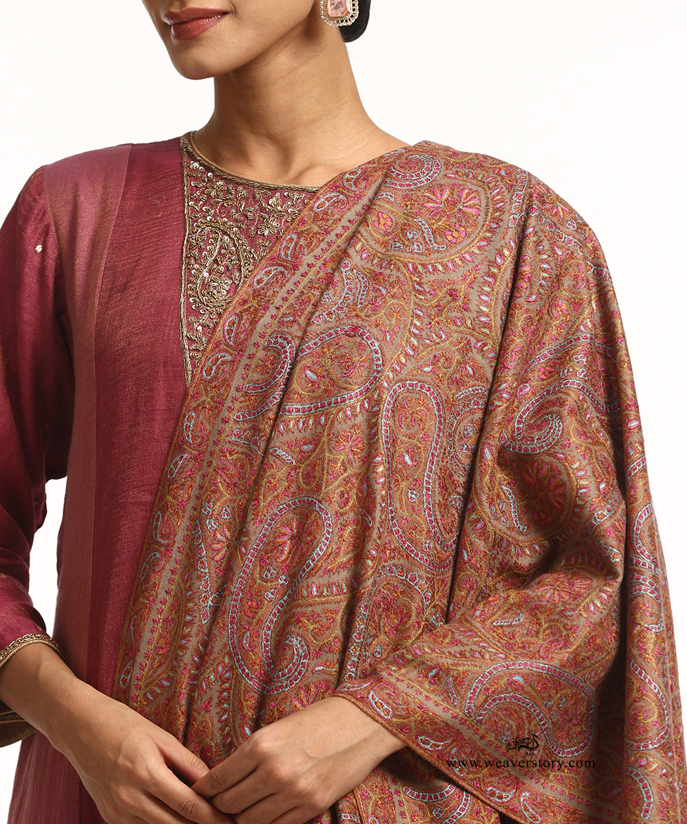 Handwoven Natural Brown Jamawar Pure Pashmina Shawl With Soznikari