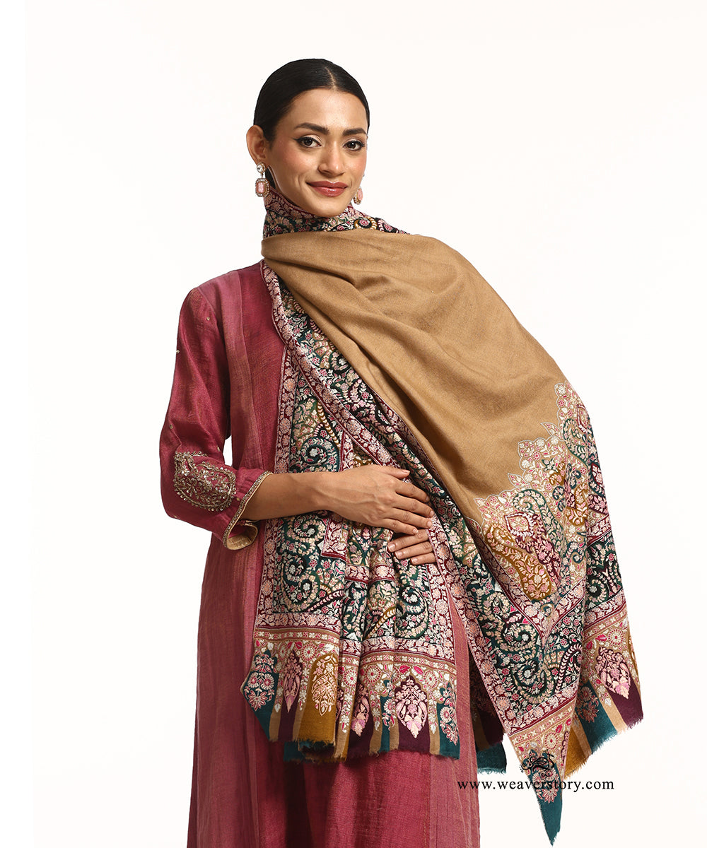 Multicolour Pure Pashmina Shawl With Kalamkari Palla Border