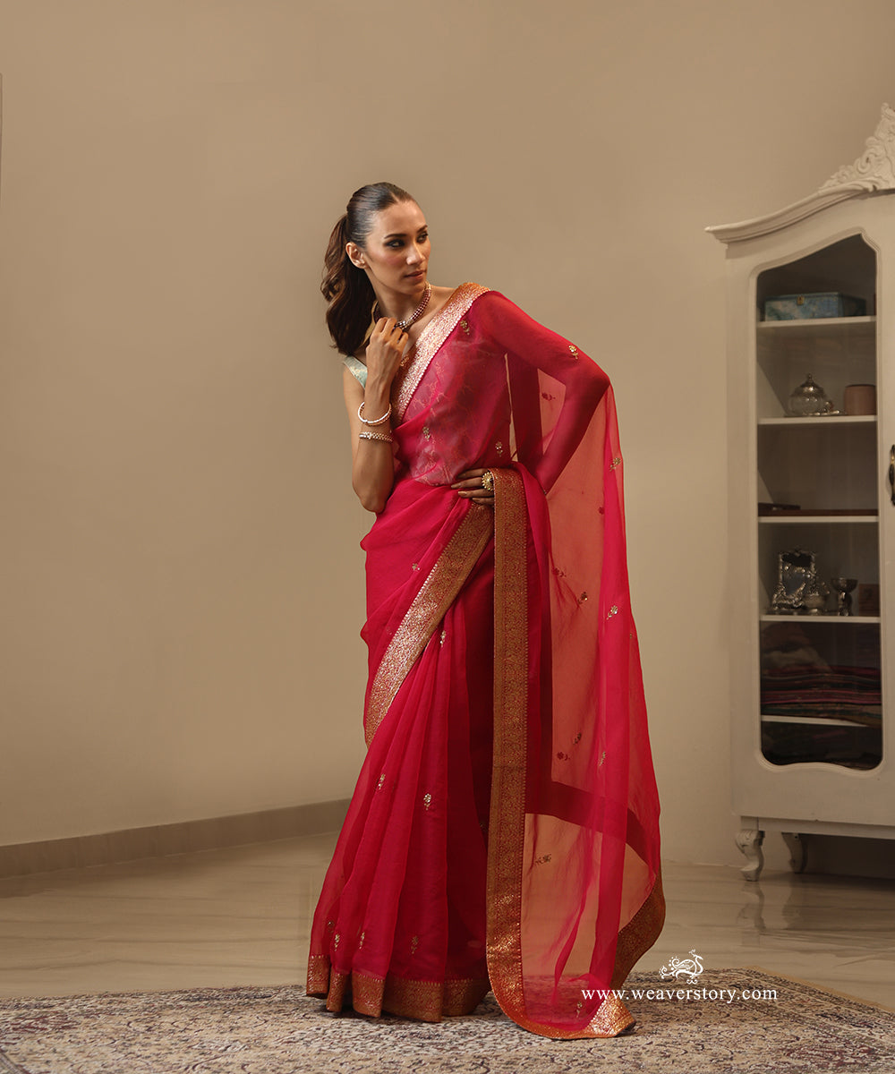 Pink Handwoven Pure Organza Saree with Banarasi Border and Hand Embroidered Motifs