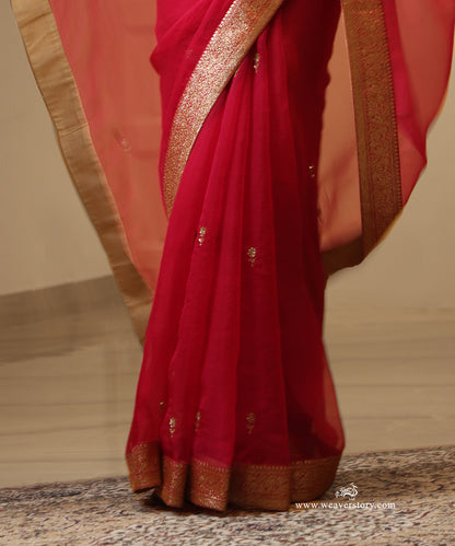 Pink Handwoven Pure Organza Saree with Banarasi Border and Hand Embroidered Motifs