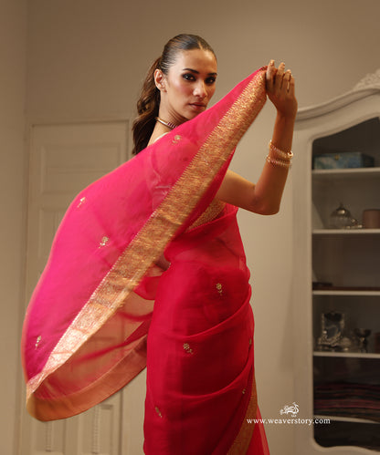 Pink Handwoven Pure Organza Saree with Banarasi Border and Hand Embroidered Motifs