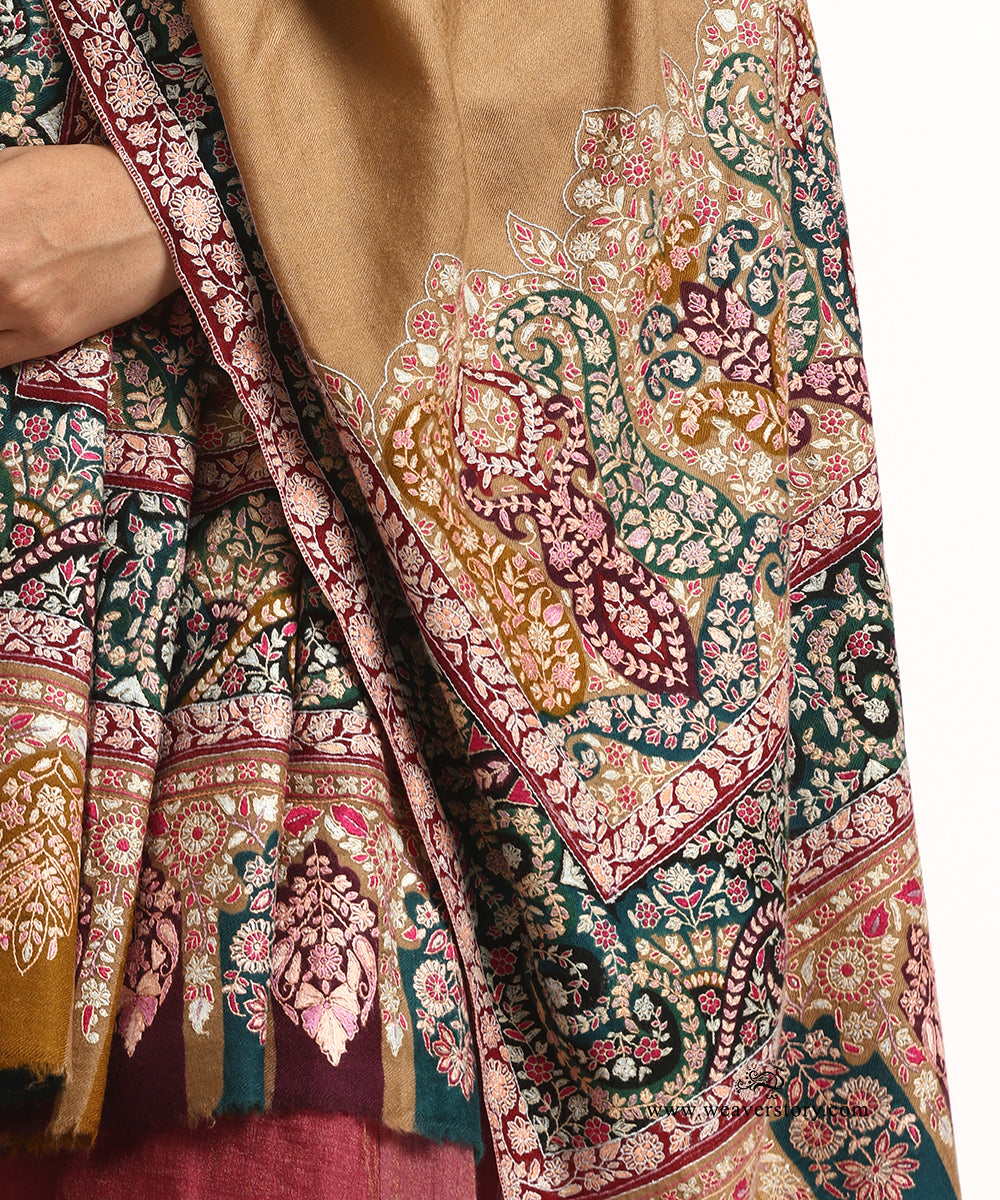 Multicolour Pure Pashmina Shawl With Kalamkari Palla Border