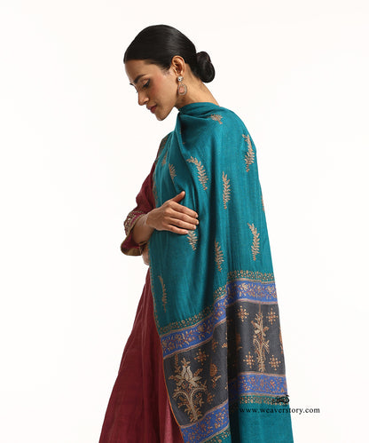 Teal Blue Pure Pashmina Shawl With Hand Embroidered Needle Work
